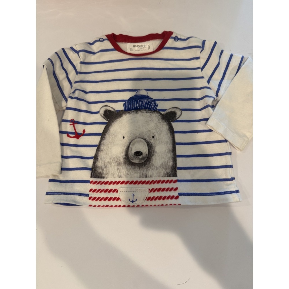 Mayoral Newborn Long Sleeve Shirt 4-6M Bear Nautical Stripes Blue Red Cotton Top